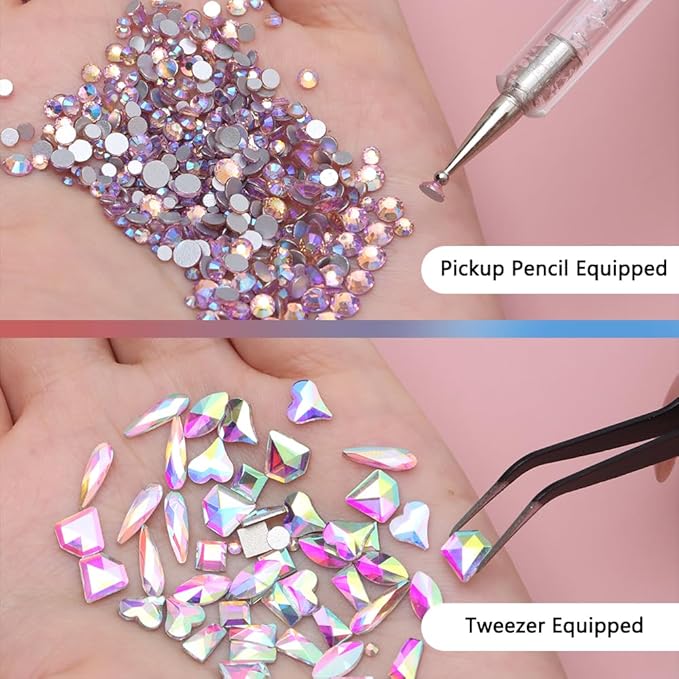 1000Pcs 12Gird Box Multi Size AB/Colorful Irregular Rhinestones Flatback Crystal Diamond Gems, with Pick Up Tweezers and Picker Dotting Pen for Nails, Makeup