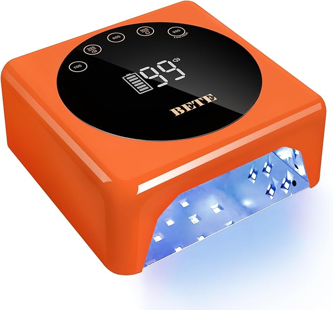 BETE Cordless LED Nail Lamp, 78W Rechargeable UV Nail Light, Intelligent Infrared Sensor and LCD Display Curing Nail Lamp, Portable Nail Dryer Gel Polish Light with 5 Timer Setting Orange