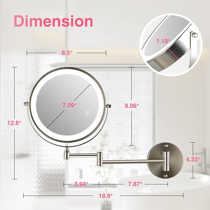 8.5 Inch Magnifying Mirror with Lights, Wall Mounted Makeup Mirror, Dual-Sided 1X/20X, Bright LED Lighting, Space-Saving Design for Bathroom & Vanity, Brushed Nickel