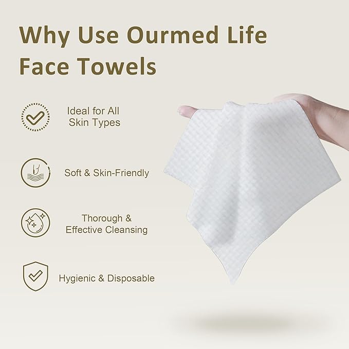 Ourmed Life Face Towels, Disposable Biodegradable Facial Towels for Sensitive Skin, Lint- free Face Wipes for Washing Face, Skincare and Makeup Remover, Dry Wipes, 10"×12" Extra Large, 50 Count
