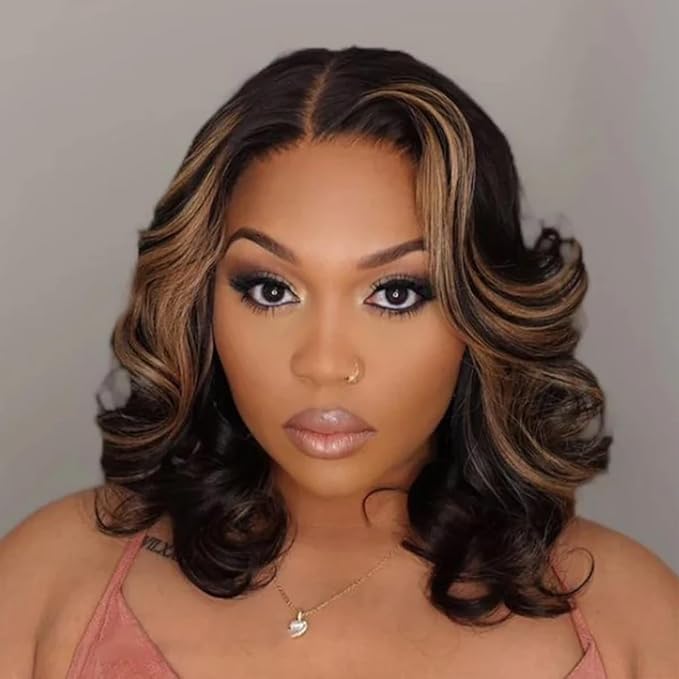 ISEE Wear Go Glueless Wigs Human Hair Pre Plucked Pre Cut Short Bob Body Wave Lace Front Wigs Human Hair for Women Upgraded Glueless Bob Wig 7x5 HD Lace Closure Wigs (Highlight Ombre, 12 Inch)