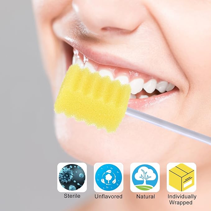 100 Pcs Disposable Mouth Swabs Sponge, BVN Oral Swabs, Oral Care Swabs Disposable, Mouth Swabs, Unflavored and Sterile Disposable Dental Swabsticks for Mouth Cleaning, Sawtooth-Shaped Yellow.