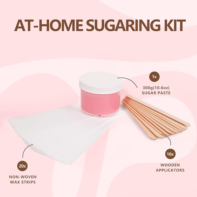 Sugar Wax Kit for Sensitive Skin: 300g/10.6oz Organic Sugaring Paste for Bikini Brazilian Hair Removal - Includes 20 Wax Strips & 10 Sticks