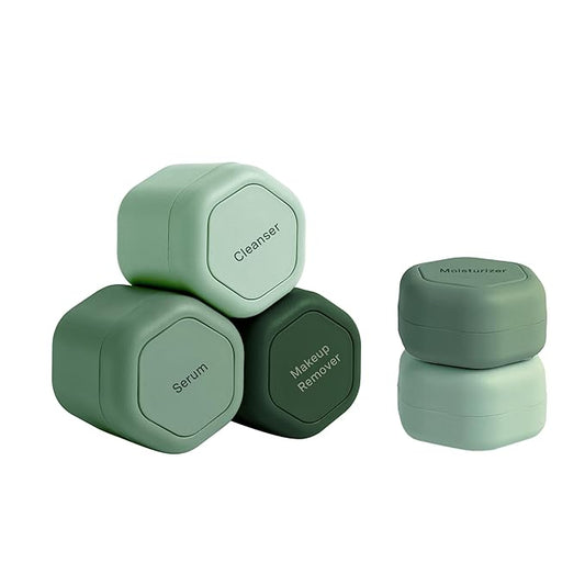 Cadence Travel Containers - Core Skincare Set - Magnetic Travel Capsules - 2 Small (0.56oz) & 3 Medium Capsules (1.32oz) with Cleanser, Moisturizer, Serum, Makeup Remover & Sun-Icon Label - Evergreen