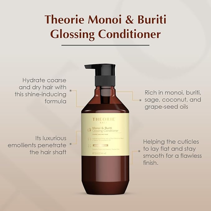 Theorie Monoi and Buriti Glossing Conditioner - Hydrate & Shine - Suited for Coarse and Dry Hair - Protects Color & Keratin Treated Hair, Pump Bottle 800mL