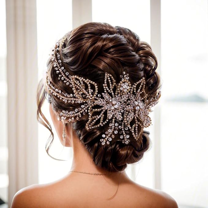 Wedding Head Pieces Crystal Bridal Hair Clips Women's Handmade Bridal Rhinestone Wedding Party Hair Accessories (Gold)