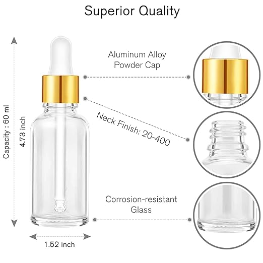 24 Pack 2 Oz Glass Eye Dropper Bottles Clear, 60 ml Empty Tincture Bottle with Droppers, 1 Extra Cap, 2 Plastic Funnels, 2 Pipettes & 48 Stickers for DIY Essential Oils, Body Oil, Beauty Oil