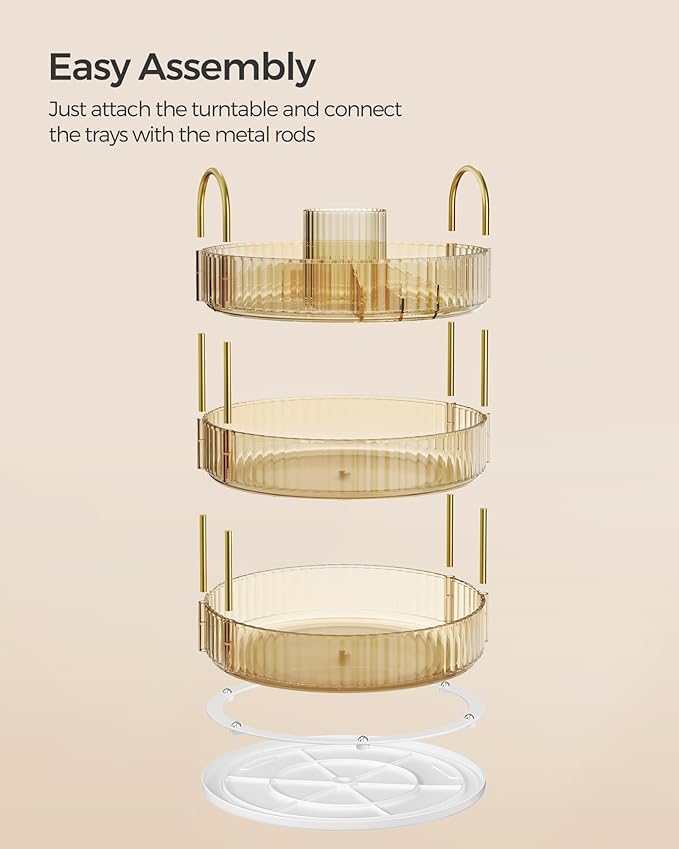 SONGMICS Makeup Organizer, 3-Tier Round Rotating Skincare Organizer Countertop, Customizable, Toiletries Vanity Organizer, Lazy Susan, Gift for Mom, Champagne Gold UJKA011A01