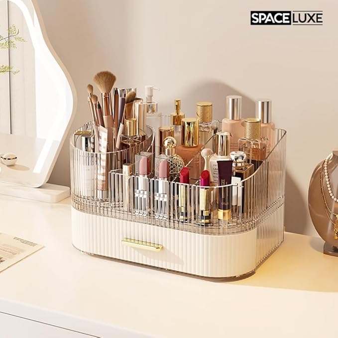 Makeup Organizer with Drawers and 360° Rotating Brush Holder, Large Capacity Cosmetic Storage for Vanity, Skincare, Perfume, Hair Accessories, Lipstick & Jewelry (Cream White, 2-layer)