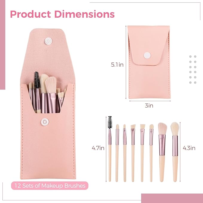 12 Sets Travel Makeup Brushes, Makeup Brush Bag with 8 Brushes, Bridesmaid Present, Synthetic Fiber Makeup Brush, Foundation Blush Shadow Brush Set, Portable Makeup Brush Set for Weddings Parties