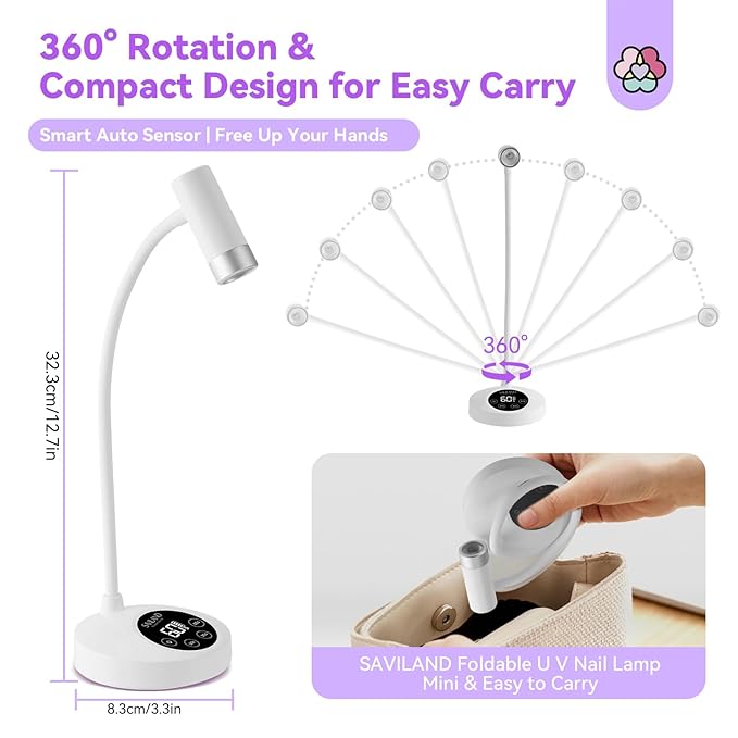 Saviland Intellisense Gooseneck U V Lamp for Gel Nails: Motion Sensor 12W U V Nail Lamp Quick Drying LED Cure Lamp Rechargeable Gel Lamp 3 Timers Setting 360°Adjustable Nail Dryer Manicure Light