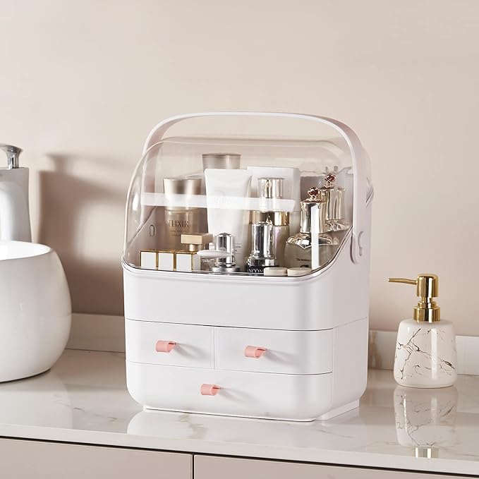SUNFICON Preppy Skincare Organizers Makeup Organizer Holder Beauty Cosmetic Storage Box Large Display Case Dust Free Cover Portable Handle 2 Rroomy Drawers Gift Great For Bathroom Countertop White