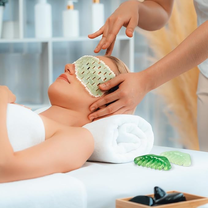Hercicy 4 Pcs Jade Eye Mask and Hair Comb Set Green Jade Stone Eye Mask White Facial Cooling Set Guasha Scalp Comb Facial Massage Tool for Relax Alleviate Puffiness Esthetician Supplies