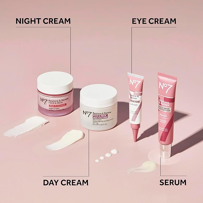 No7 Restore & Renew Multi Action Night Cream for Face & Neck - Nighttime Face Moisturizer with Collagen Peptides - Anti Aging Skin Care for Crepey Skin with Hyaluronic Acid & Ceramides (1.69 Oz)