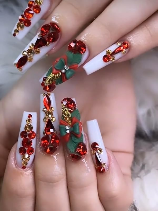 3D Acrylic Christmas Flower Nail Art Charms Handmade by Acrylic Powder - 24pcs Noel Flowers Nail Rhinestones Kit 3D Crystal Nail Pearls Design Acrylic Nail Art for Women (Christmas)