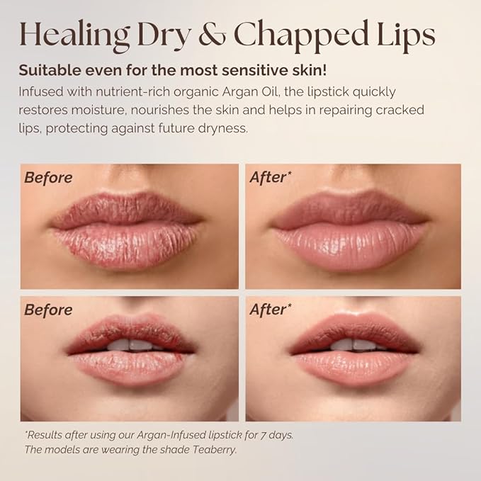 ๐๐๐๐ฒ๐ป๐ฐ๐ฒ ๐ผ๐ณ ๐๐ฟ๐ด๐ฎ๐ป Deep Moisturizing, Long Lasting Lipstick & Hydrating Lip Care in One with 100% Pure Organic Argan Oil, Shea Butter, Jojoba Oil & Aloe Vera - Teaberry