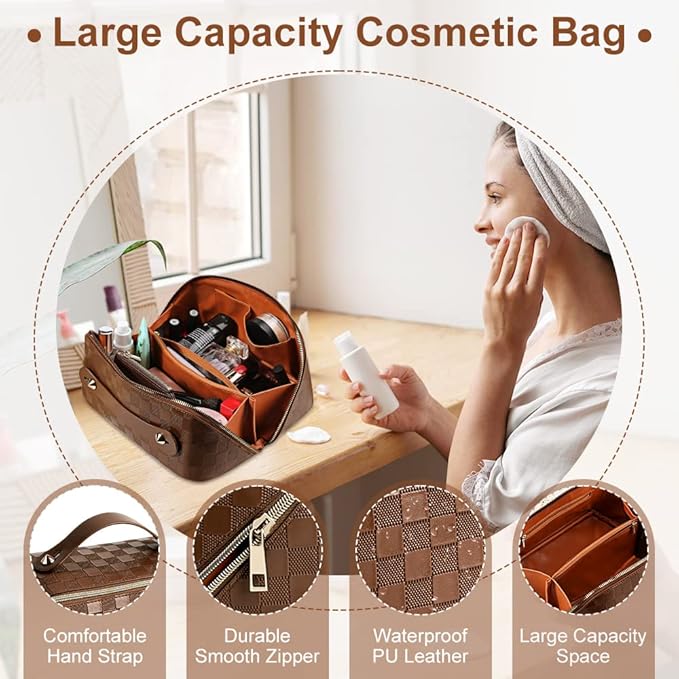 Cessfle Large Capacity Travel Cosmetic Bag Plaid Checkered Makeup Bag Portable Leather Waterproof Skincare Bag with Handle and Divider for Women, 01-Brown