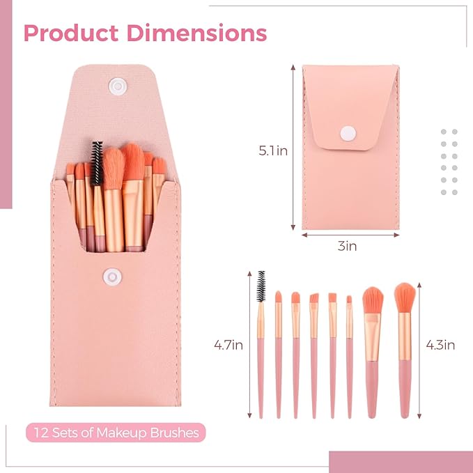 12 Sets Travel Makeup Brushes, Makeup Brush Bag with 8 Brushes, Bridesmaid Gift, Synthetic Fiber Makeup Brush, Foundation Blush Shadow Brush Set, Portable Makeup Brush Set for Weddings, Parties
