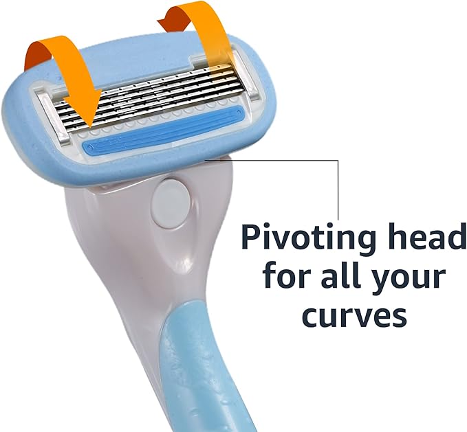 Amazon Basics 5-Blade Razor for Women, Handle, 12 Cartridges & Shower Hanger (Cartridges fit Amazon Basics Razor Handles only) 14 Piece Set, Blue