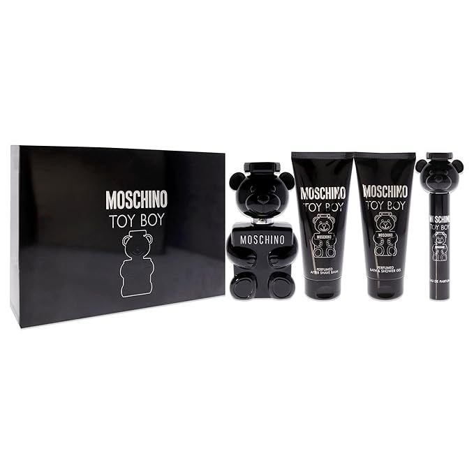 Moschino Toy Boy Men Gift Set - EDP Spray (0.3 & 3.4 oz), After Shave Balm, Bath and Shower Gel 4 Pc Set