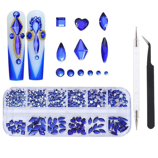 1000Pcs 12Gird Box Multi Size AB/Colorful Irregular Rhinestones Flatback Crystal Diamond Gems, with Pick Up Tweezers and Picker Dotting Pen for Nails, Makeup