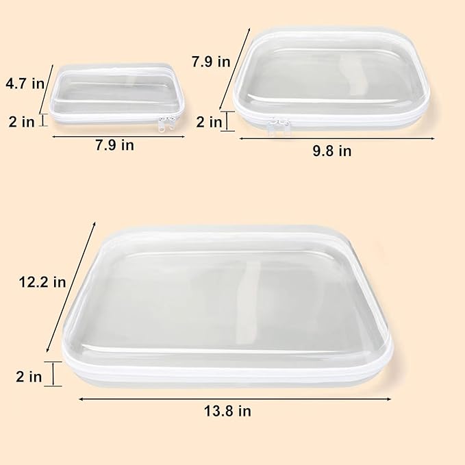 3PCS Clear Zipper Cases, Portable Clear Organizer Pouches for Travel, Double Zippered Hard Shell Plastic Case, Cosmetic Bag for Make Up Tools, Toiletries, Toy Storage(White,2 Pack)