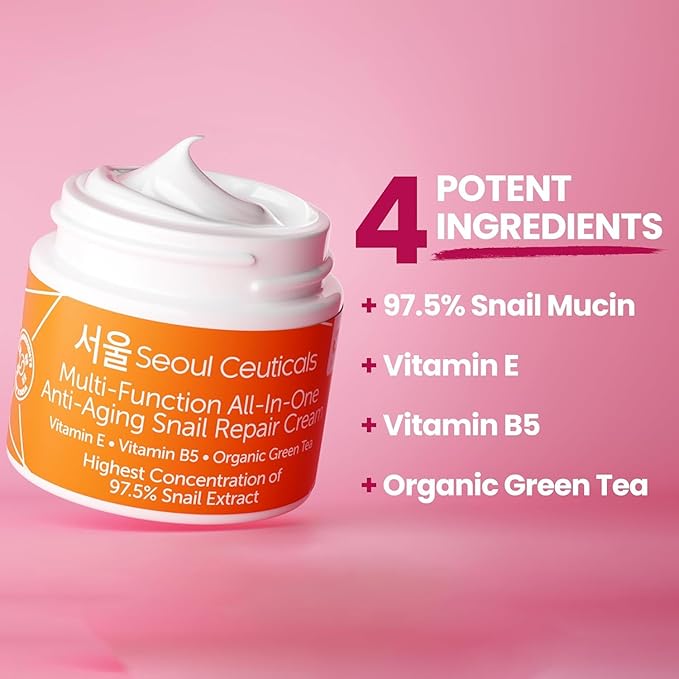 SeoulCeuticals Large 4oz 97.5% Snail Mucin Moisturizer Cream Korean Skin Care - K Beauty Skincare Day & Night Snail Repair Cream Filtrate Cruelty Free