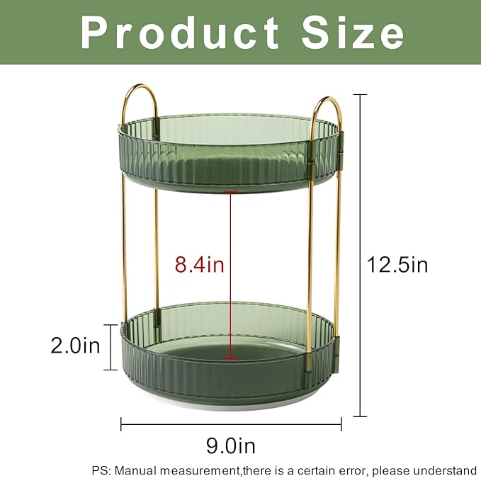 360° Rotating Makeup Organizer, Bathroom Make Up Spinning Holder Rack, Large Capacity Cosmetics Storage Vanity Shelf Countertop, Fits Cosmetics, Perfume, Skincare, Lipsticks(2 Tiers, Green)