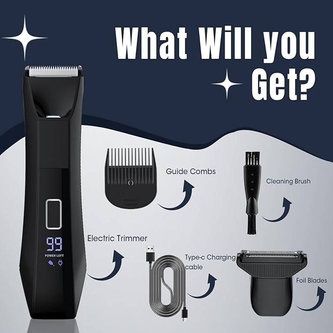 2-in-1 Manscape Trimmer for Men,Body & Groin Hair Trimmers for Men,Bikini Trimmer Women- Wet/Dry Electric Razors for Smooth No-Nick Shaving,IPX7 Waterproof Ball Shaver,LED Display,Black