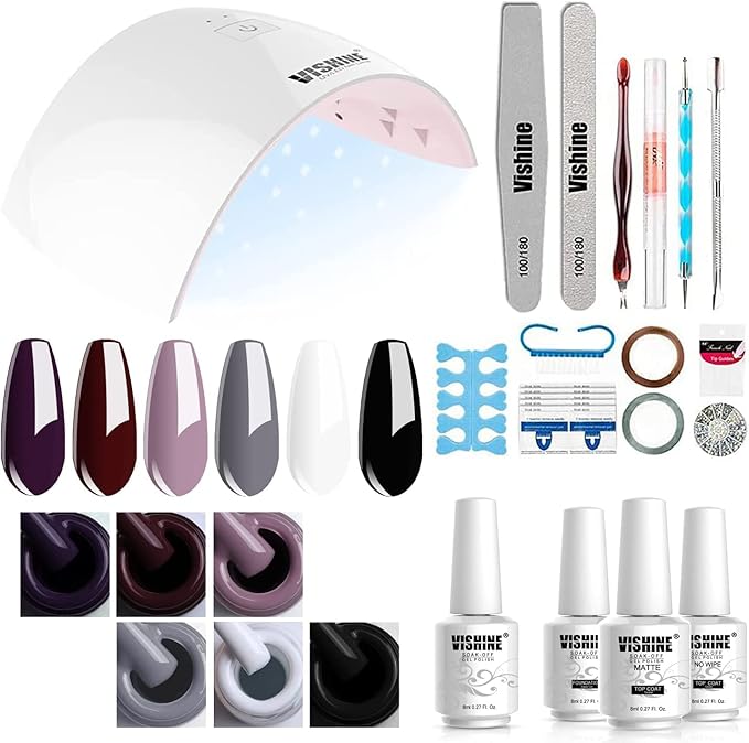 Vishine Gel Nail Polish Starter Kit 6 Colors Gel Polish Set Base Top Coat, 36W LED Nail Dryer Lamp with Full DIY Gel Manicure Nail Tools 8ml #C026