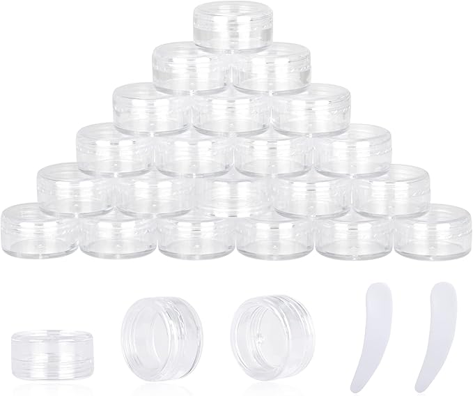 25PCS 3 Gram Sample Containers, 3ml Empty Jars with Lids, Small Cosmetic Containers, Mini Sample Jars with 2PCS Mini Spatulas for Make Up, Oils, Lotion, Powder, Paint, Jewelry, Lip Balms(Clear Lid)