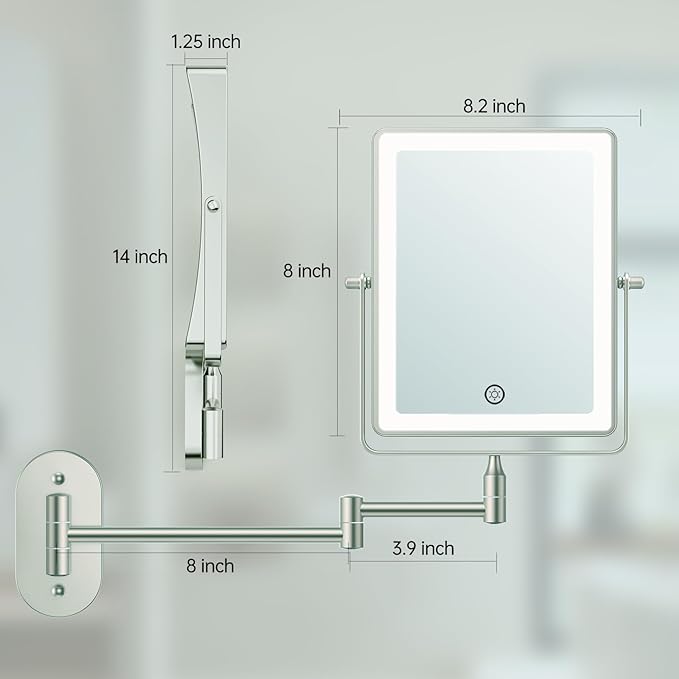 FASCINATE Rechargeable Wall Mounted Makeup Mirror with Lights, Bathroom Mirror Rectangle 8.7 Inch Double Sided 1X 10X Magnifying Mirror with 3 Color Setting Extended Arm 360° Swivel Foldable Bronze