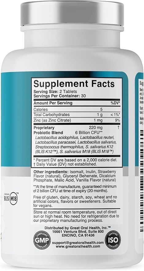 Oral Probiotics for Mouth Bad Breath Treatment for Adults; Dentist Formulated Dental Probiotics for Teeth and Gums, Chronic Halitosis with BLIS K12 M18, Chewable Oral Health Tablets Strawberry Vanilla