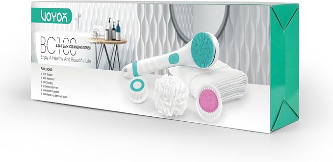 VOYOR Electric Body Brush Back Scrubber for Shower Rechargeable Exfoliating Bath Brush Powered Shower Brush with Non-Slip Long Handle Deep Cleansing, Exfoliation, Massaging Spin Brush BC100 (Blue)