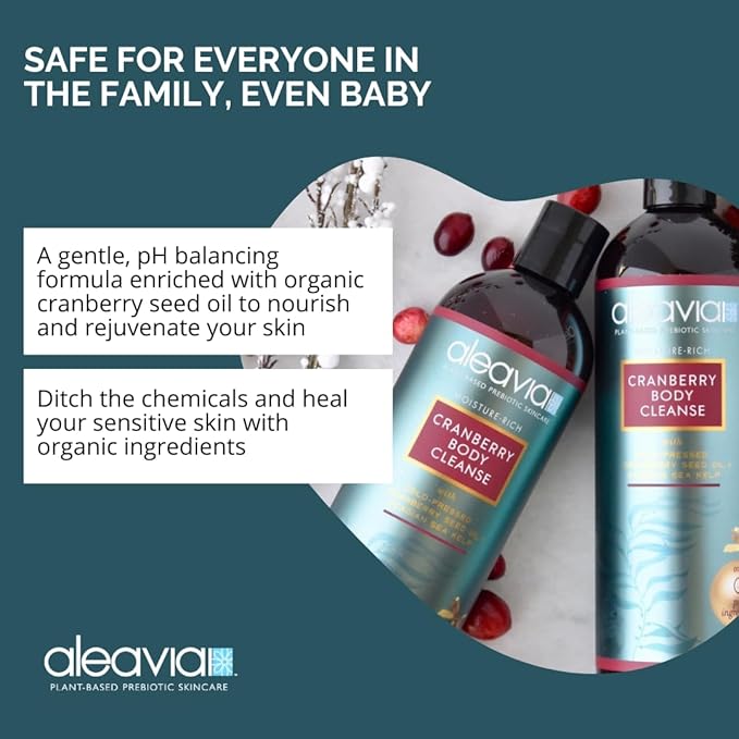Aleavia Body Cleanse – Organic & All-Natural Prebiotic Body Wash with Pure Essential Oils – Cranberry Scent – Nourish Your Skin Microbiome – 16 Oz.