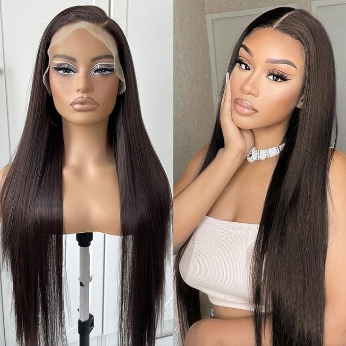 13x6 Straight Lace Front Wigs Pre-Plucked Glueless Brown HD Lace Front Wig Synthetic Chocolate Wear And Go Lace Front Wig 32inch