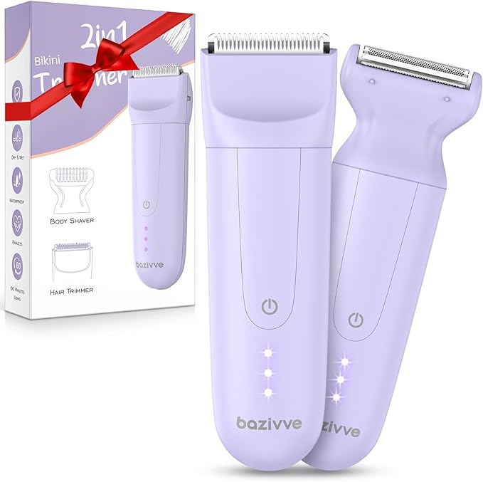Electric Bikini Trimmer for Women, 2 in 1 Electric Hair Trimmer Shaver Razors for Women, Rechargeable Painless IPX7 Waterproof Ladies Pubic Hair Removal Kit for Face Body Leg,Wet/Dry (Purple)