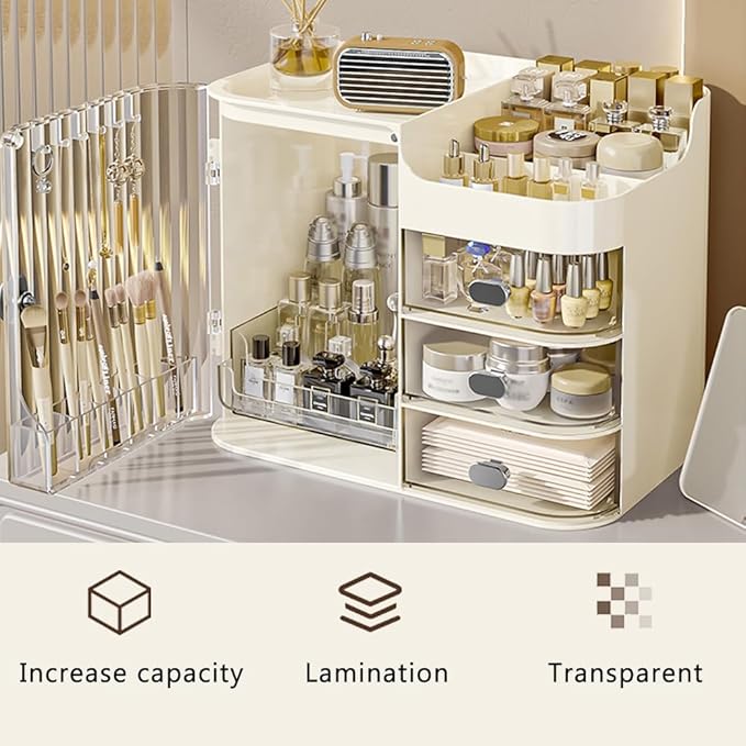 Cosmetics Display Case with Mirror, Large Capacity Cosmetic Storage Box with Drawers, Dust and Waterproof Makeup Organizer, Skincare Jewelry Storage Box for Bedroom, Bathroom (Transparent)