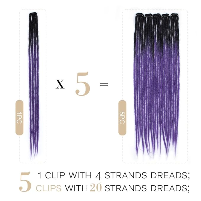 20 Strands 5 Clips In Dreadlock Extensions, 24 inch Ombre Purple Synthetic Clip In Dreads Extensions for Woman