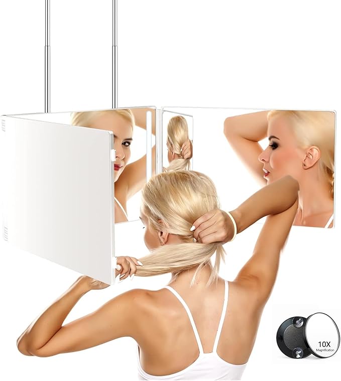 JANMPASK LED 3 Way Mirror for Self Cutting Mirror Vanity Barber Supplies Accessories 360 Makeup Mirror with Light Trifold to See Back of Head(White)