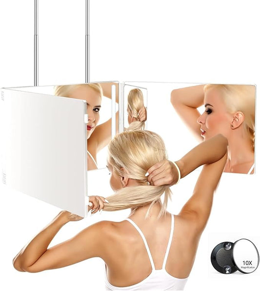 JANMPASK LED 3 Way Mirror for Self Cutting Mirror Vanity Barber Supplies Accessories 360 Makeup Mirror with Light Trifold to See Back of Head(White)