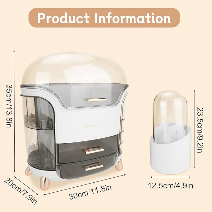 Makeup Organizer for Vanity, Skincare Organizer, Makeup Storage Drawers, Cosmetics Organizer with Lid, Makeup Brush Holder Rotating, Dressing Table Organizer, Large Makeup Box(White)