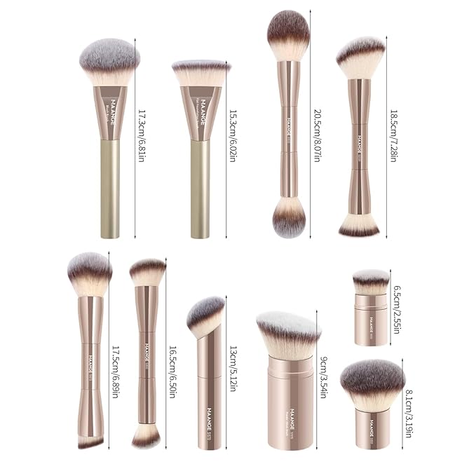 MAANGE Makeup Brush Set 10 Pcs Makeup Brushes with Zipper Bag, Double-End Multi-functional Makeup Brushes for Blending Liquid Powder Concealer Cream Blush Buffe, Champagne Gold