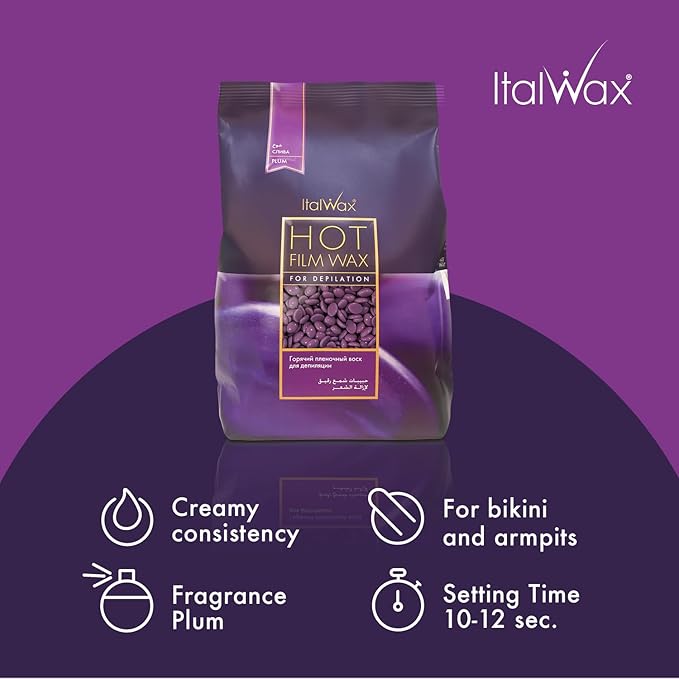 Italwax Plum - 500g / 1.1lb - Hard wax beads for hair removal - Natural formulation ideal for sensitive skins - Fruit aroma - Recommended for Bikini area and Armpits