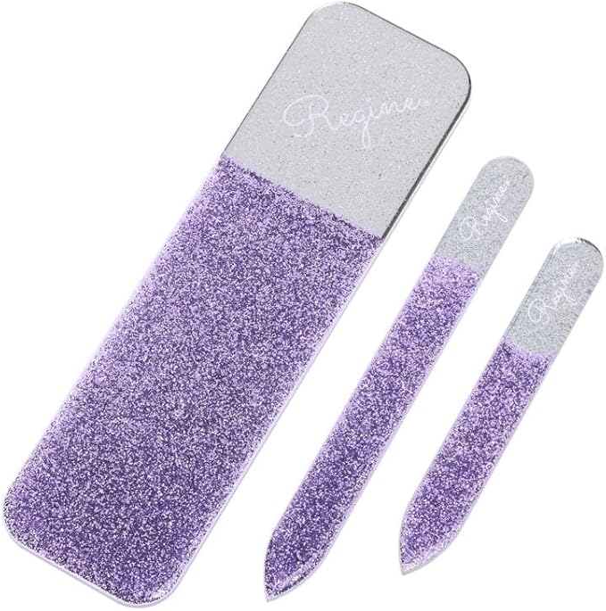 3pc Nano File Set: Professional Heavy Duty Glass Nail Files with Case Kit - Reusable Crystal Fingernail Manicure and Pedicure Tools for Men, Women, and Adults (Lilac Shimmer)