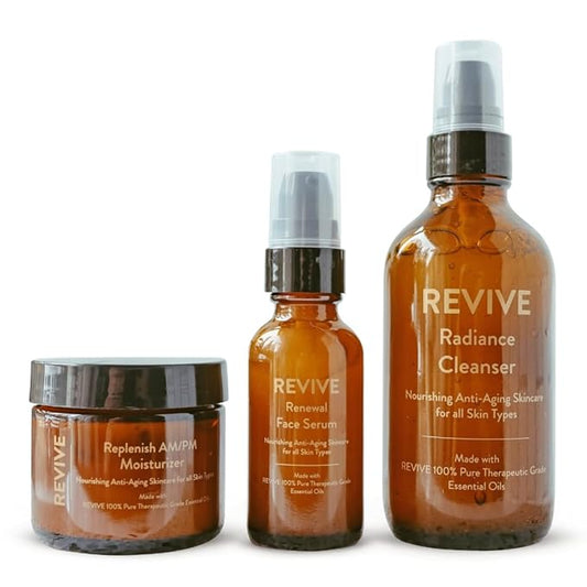 REVIVE Skin Health 3-Step Skincare Collection with Skin Health Essential Oil Blend - Radiance Cleanser, Renewal Serum, and Replenish AM/PM Moisturizer - Non-Toxic Skincare
