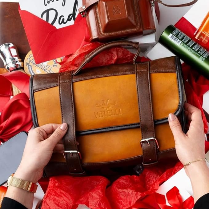 Vetelli Leather Toiletry Bag for Men - Water Resistant, 2 Zippered Internal Pockets, 2 Snap-Fastened Internal Pockets, and Hanging Hook.