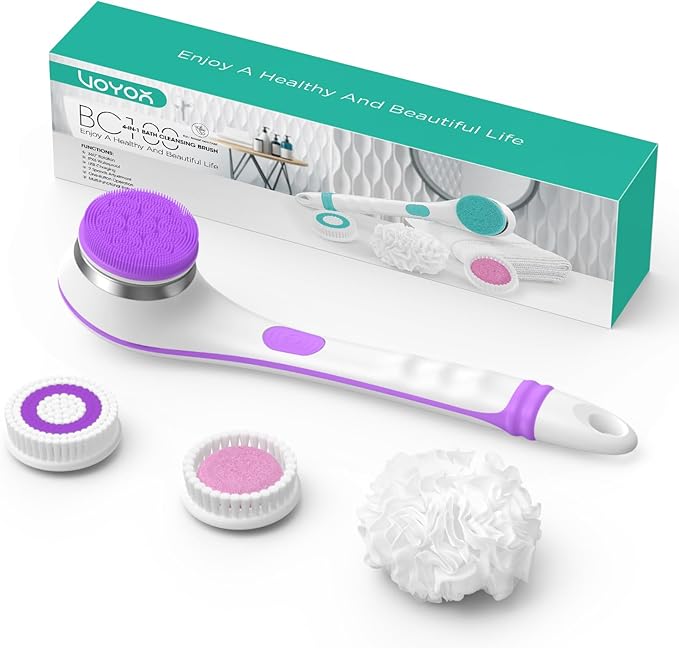 VOYOR Electric Body Brush Back Scrubber for Shower Rechargeable Exfoliating Bath Brush Powered Shower Brush with Non-Slip Long Handle Deep Cleansing, Exfoliation, Massaging Spin Brush BC100 (Purple)