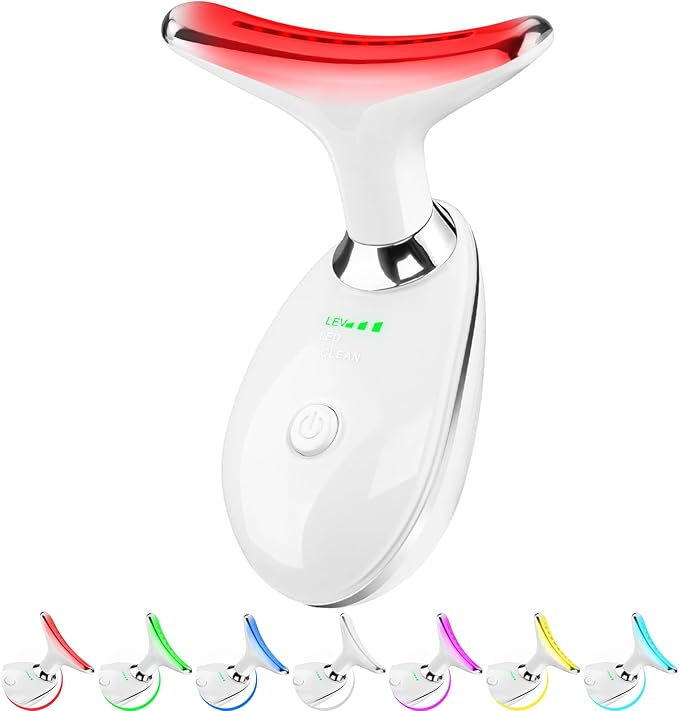 Face and Neck Massager Tool, 7 Colors LED Light Therapy Wand for Wrinkles, Double Chin, Portable Facial Massager with Vibrating and Thermals for Skin Care, Glossy White