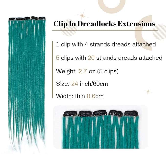 20 Strands 5 Clips In Dreadlock Extensions, 24 inch Teal Green Synthetic Clip In Dreads Extensions for Woman